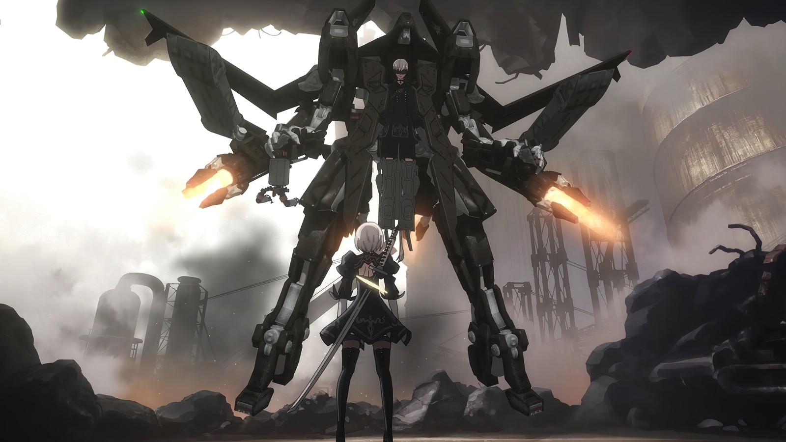 Un primer plano de una persona de pie frente a un robot gigante (nier automata ver11a, nierautomata ver11a, anime, yorha 2b, yorha tipo a no2)