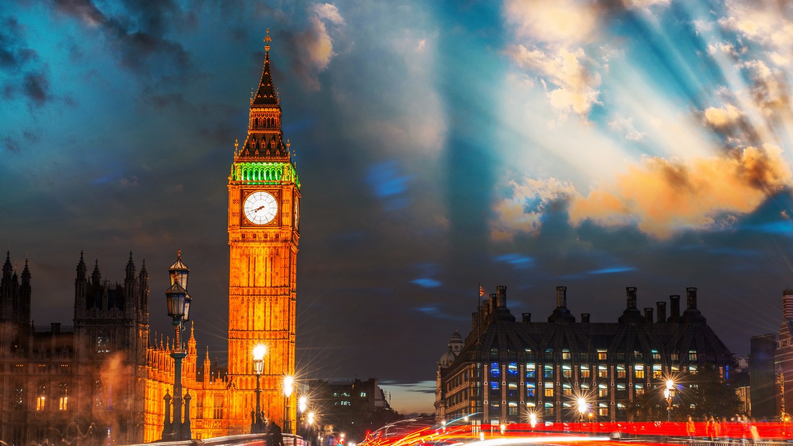 Clock tower with light trails in front of it at night (big ben, palace of westminster, cloud, building, tower)