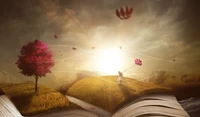 book, purple tree, autumn, girl, dream world wallpaper