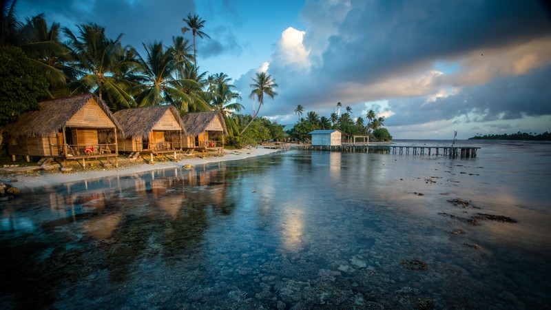 A view of a beach with a pier and a hut on the shore (nature, tropics, water, resort, sea)