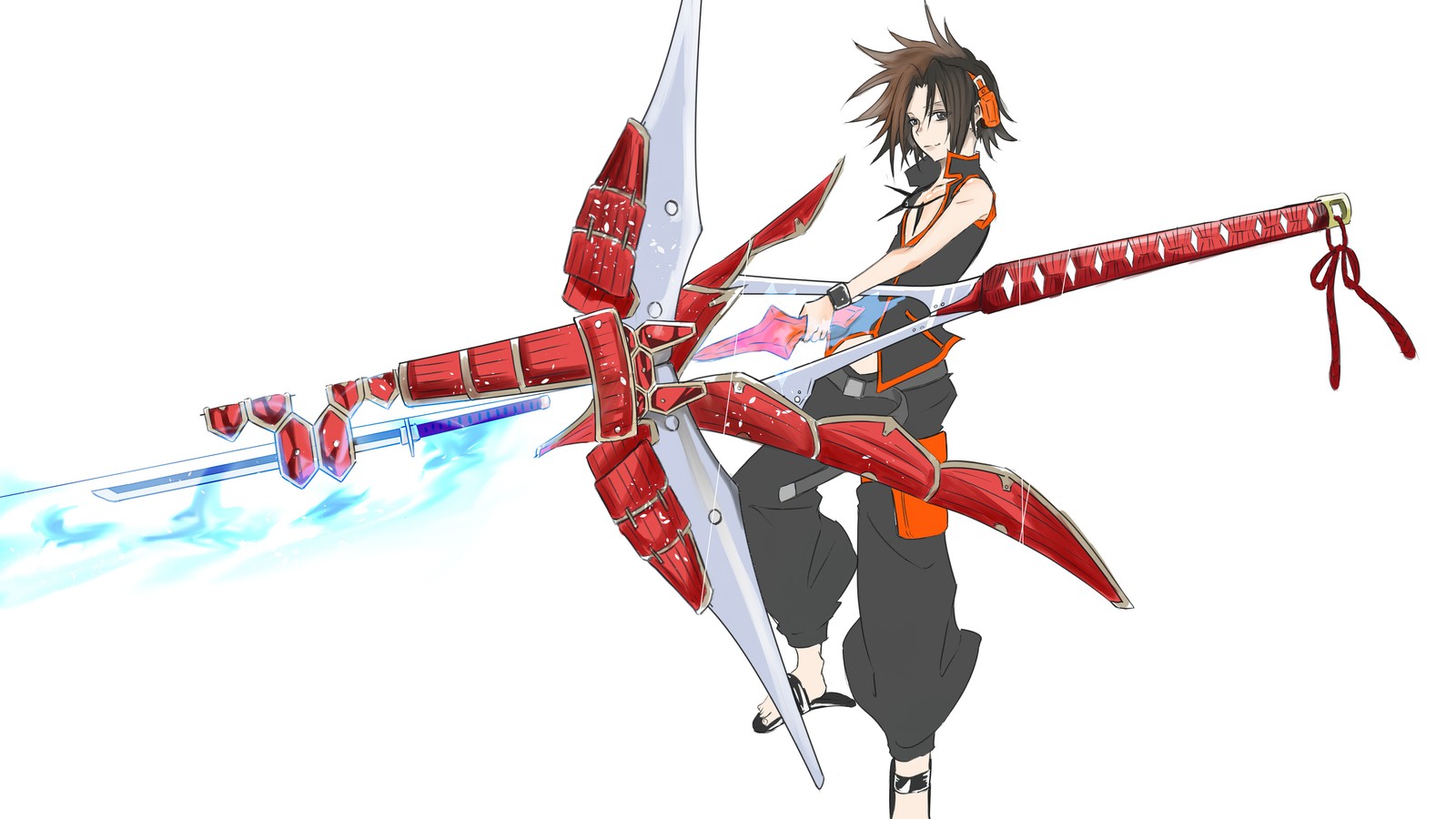 Primer plano de una persona sosteniendo una espada con una espada en el aire (shaman king, anime, yoh asakura, espíritu de la espada)