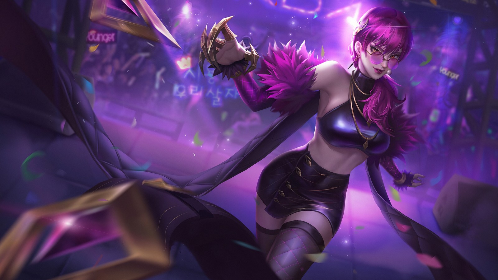 Eine frau in einem lila outfit hält ein schwert in der hand (evelynn, kda, lol, league of legends, videospiel)