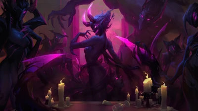 Evelynn enveloppée dans les ombres : un rassemblement sinistre d'entités de Runeterra