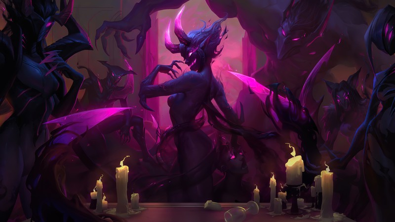 Женщина в темной комнате, окруженной свечами и монстрами (evelynn, рунетера, lor, legends of runeterra, видеоигра)