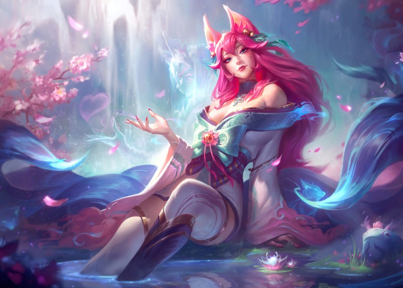 Женщина с розовыми волосами и розовым платьем сидит в пруду (spirit blossom ahri, league of legends, ахри, ahri, игры)