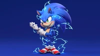 Sonic the Hedgehog with electric energy on a vibrant blue background