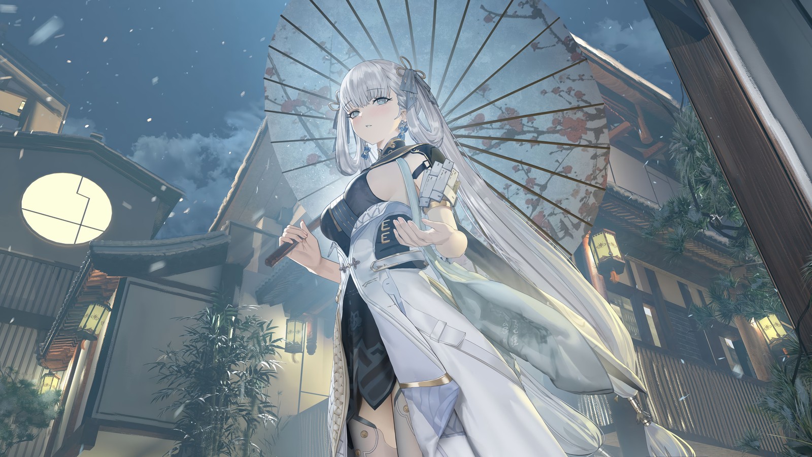 Imagen de estilo anime de una mujer con un vestido blanco y un paraguas (jinshi, wuthering waves, videojuego, arte)