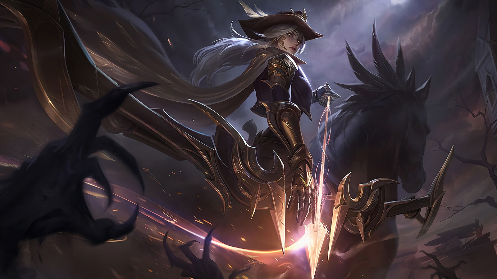 A close up of a woman riding a horse with a sword (ashe, high noon, splash art, lol, league of legends)