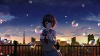 Fille d'école anime entourée de bulles contre un horizon de coucher de soleil