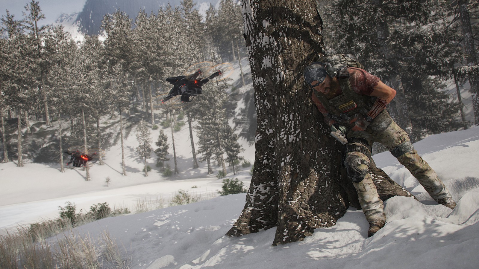 Esquiadores descendiendo por una montaña nevada con un árbol (ghost recon breakpoint, videojuego)