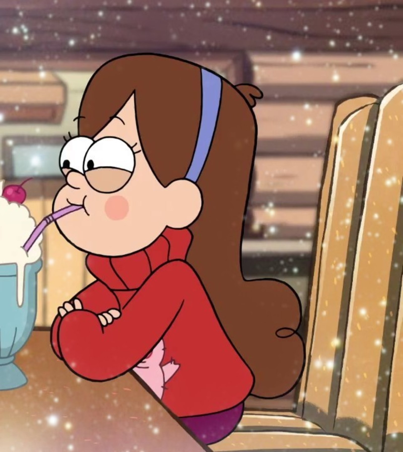 Una niña de dibujos animados bebiendo un batido con una pajita (gravity falls, mabel)