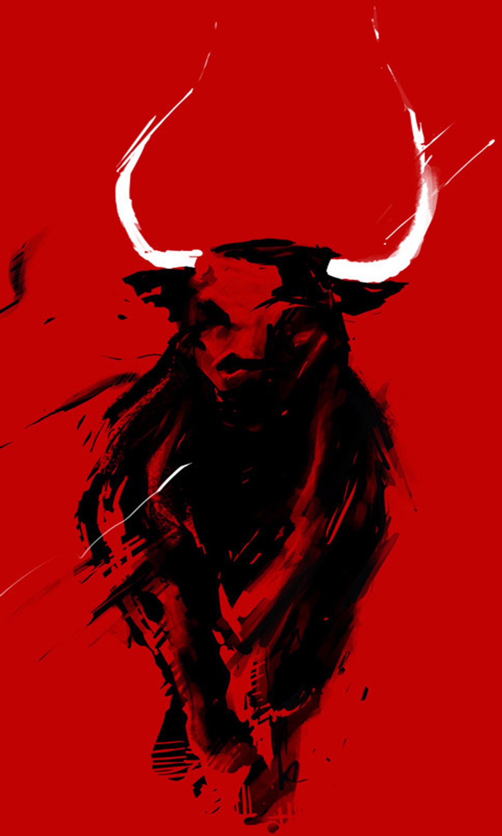 Bulls are painted in a red background with a black and white image (2014, abstract, android, bull, hd)