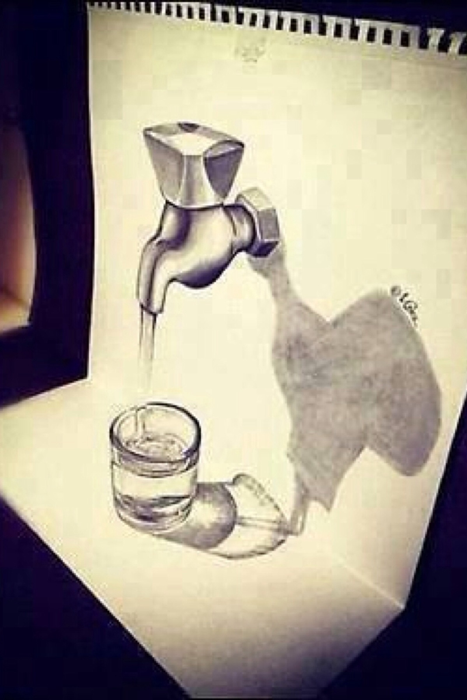 Drawing of a drawing of a person pouring water from a faucet (3d, drawing)