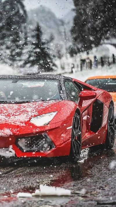 car, lamborghini, red, snow