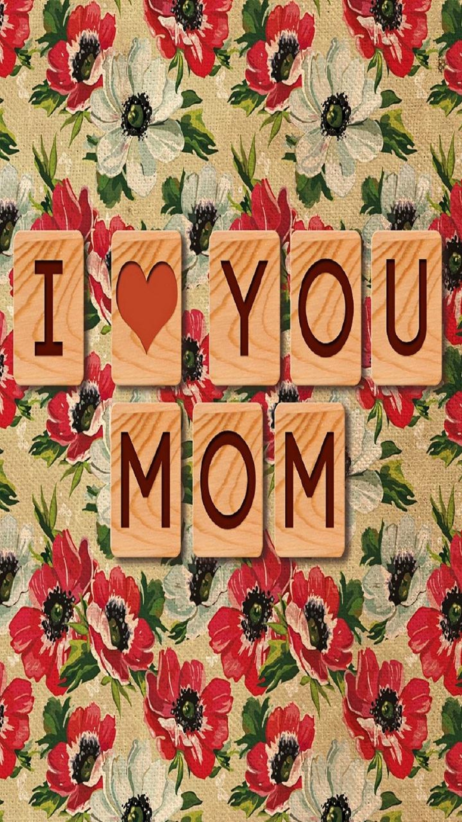 Eine nahaufnahme eines blumigen hintergrunds mit einem holzblock, auf dem steht 'du liebst mama' (fot mom, alles gute zum muttertag, ich liebe dich, love you mom, mutter)