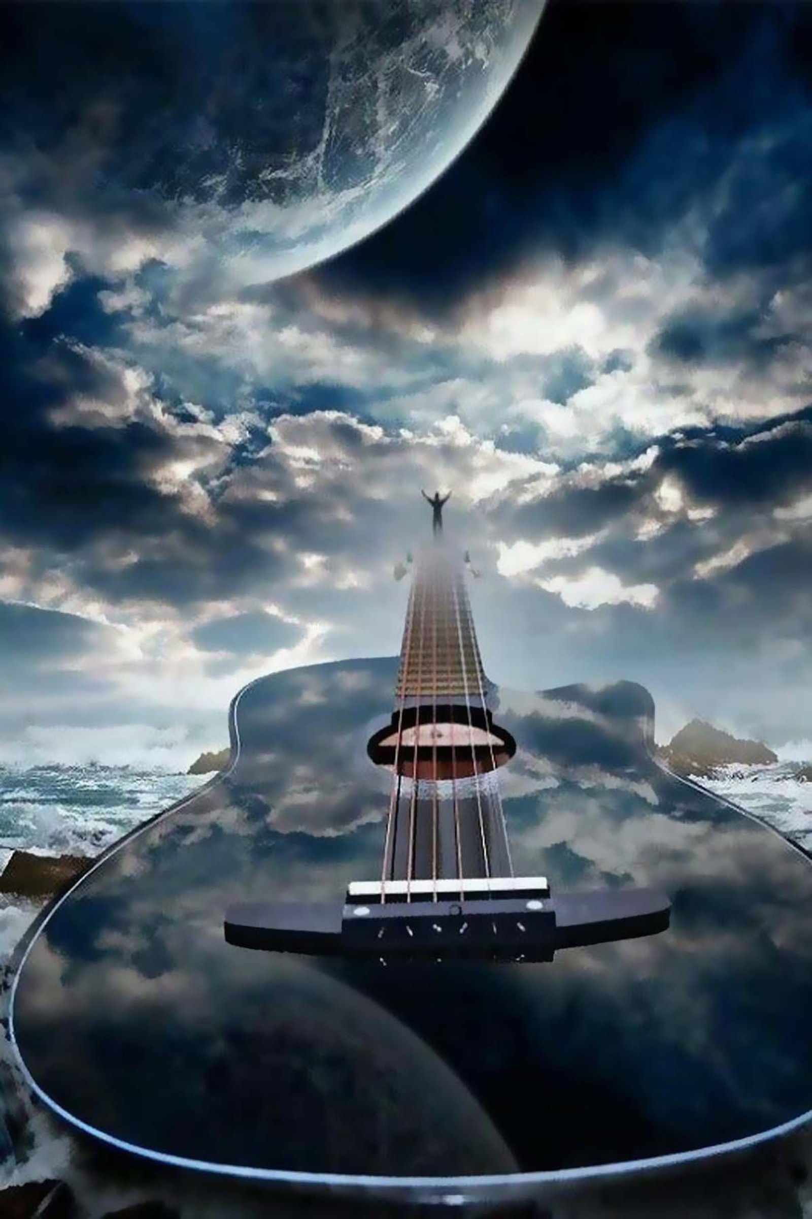 A guitar with a sky background and a moon in the background (blue, dream, earth, guitar, love)