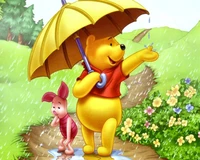 Winnie Puuh und Ferkel genießen einen regnerischen Tag unter einem Regenschirm