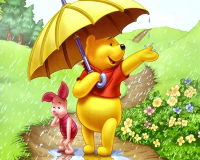 Winnie the Pooh and Piglet Enjoying a Rainy Day Under an Umbrella