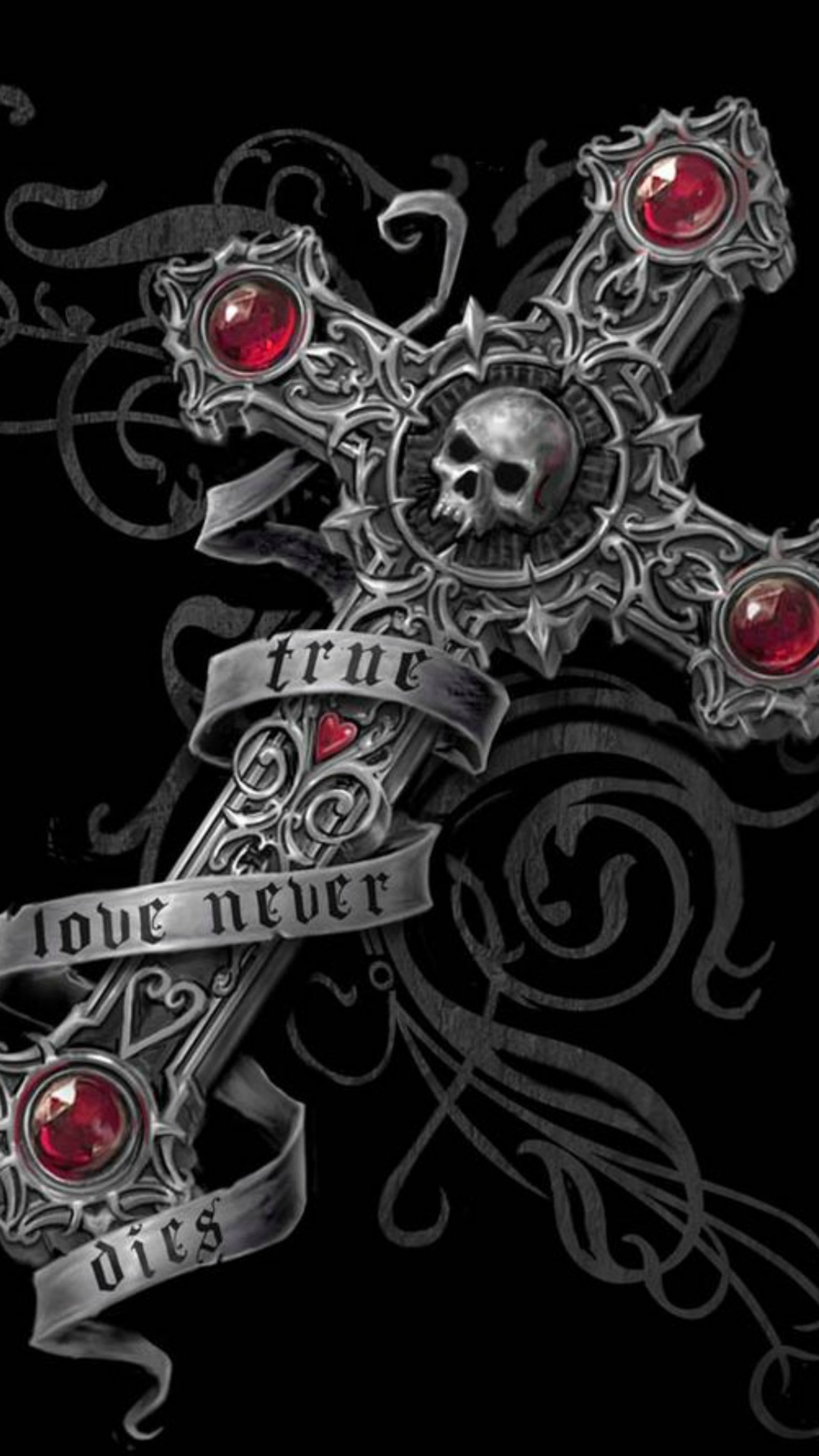 A close up of a cross with a ribbon and a skull (cross, love, true)