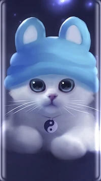 Un chat blanc duveteux portant un doux chapeau bleu avec de grandes oreilles, avec de grands yeux expressifs et un charme yin-yang.