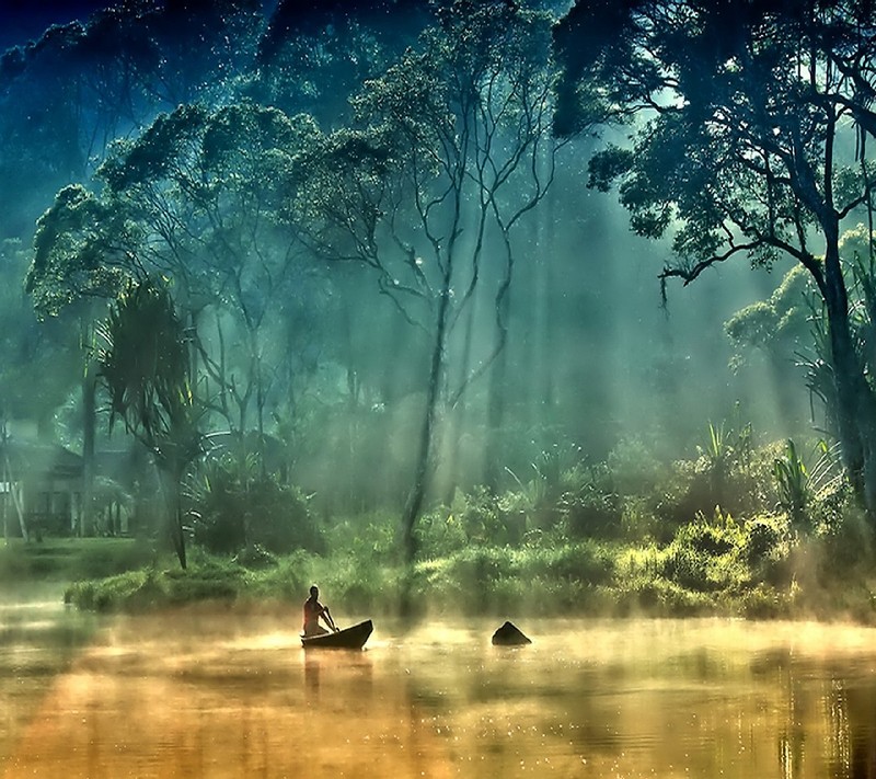 Ein mann in einem kanu auf einem fluss im nebel (natur)