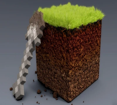 Minecraft-inspirierter Block mit Gras- und Erdschichten, mit einer pixelierten Spitzhacke.