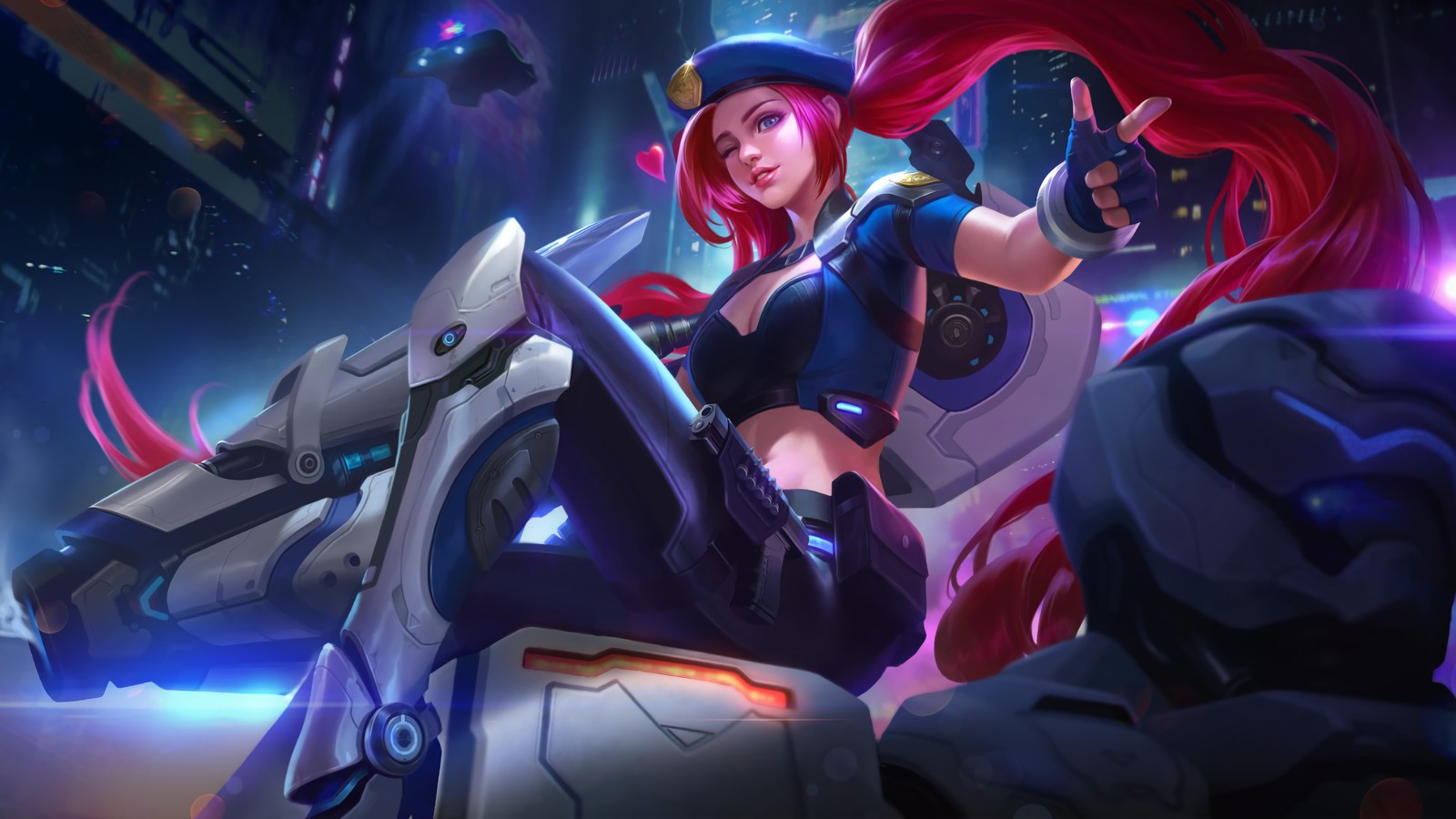 Une femme en top noir et cheveux rouges monte une moto (layla, breacher, mobile legends, jeu vidéo)