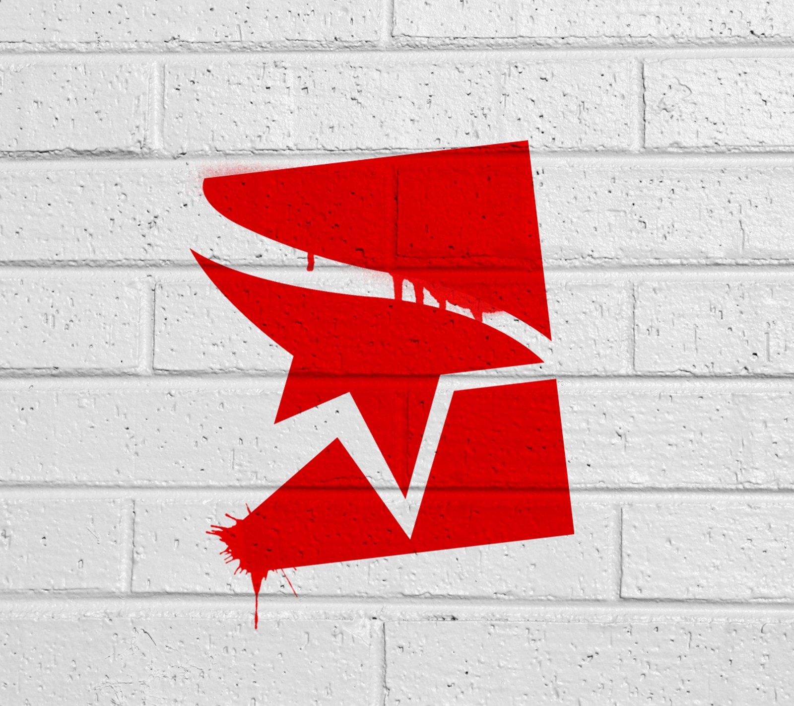 A close up of a red and white brick wall with a red kite (graffiti, logo, mirrors edge, wall)