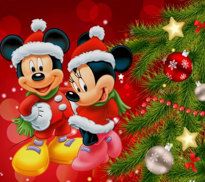 desenho animado, natal, pinheiro, alegre, mickey