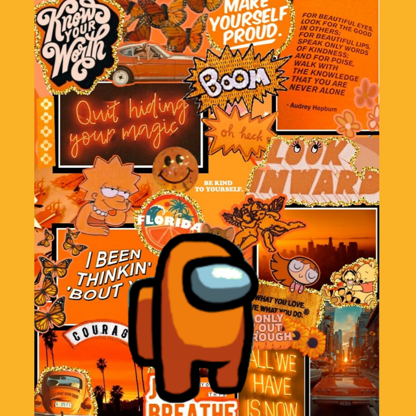 There is a picture of a cartoon character with a lot of stickers (among us, orange)