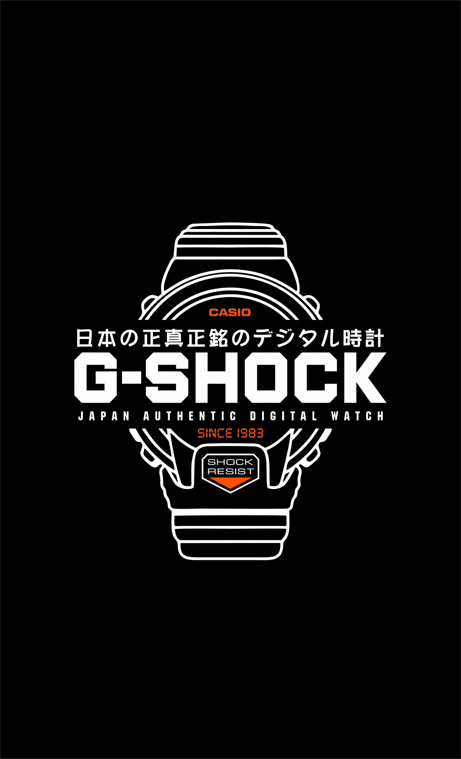 Un gros plan d'une montre avec un fond noir et un logo blanc et orange (authentique, noir, g shock, japon, logo)