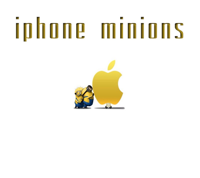 Миньон с айфоном, сидящий рядом с яблоком (смешной, iphone, миньоны, minions)