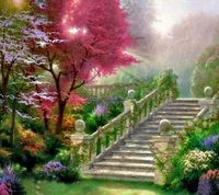 Serene Garden Steps Framed by Vibrant Blossoms