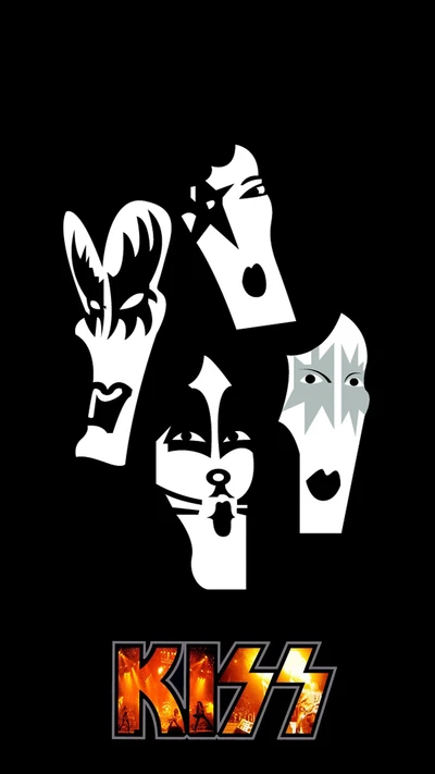 Ikonische Silhouetten der Gesichter der Rockband KISS vor einem schwarzen Hintergrund.