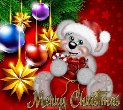 Merry Christmas Bear with Ornaments and Gifts