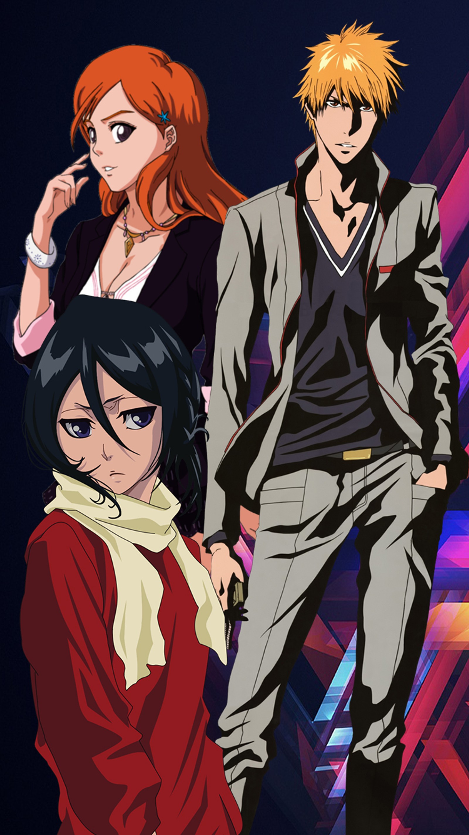 Anime characters in a group with a neon background (anime, bleach, ichigo)