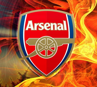 Blason du club de football Arsenal avec un fond dynamique de flammes