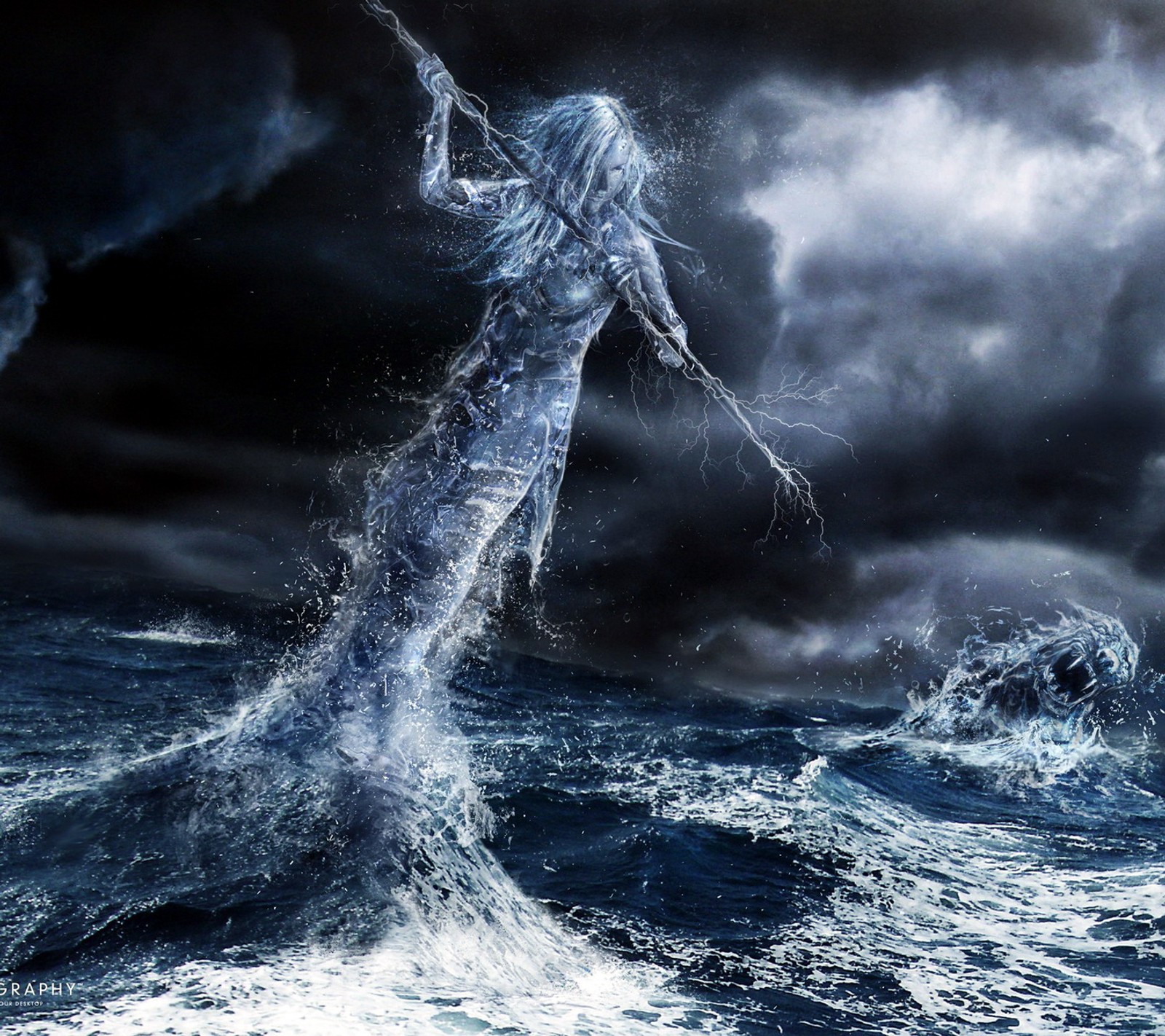 Arafed woman in a white dress standing on a wave in the ocean (art, design, fantasy, painting)