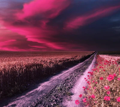 field, landscape, nature, road, sky