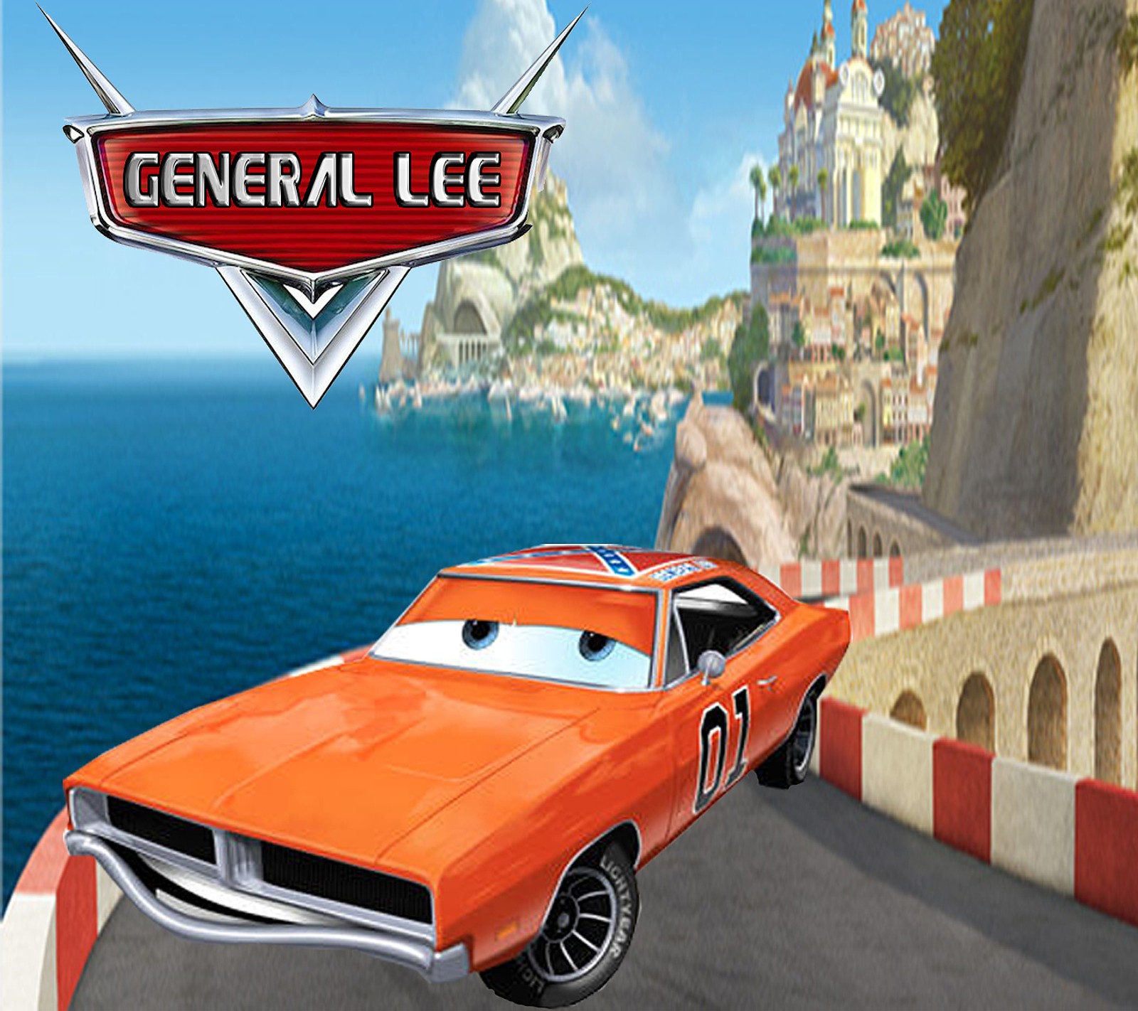 Los coches están conduciendo por una carretera cerca de un castillo y un cuerpo de agua (coches, dibujos animados, disney, dodge charger, general lee)