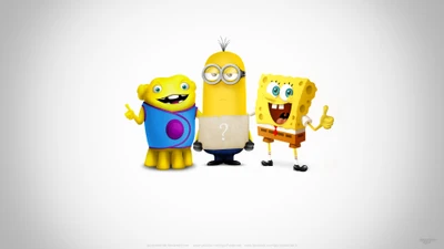 Personnages de dessins animés colorés : Minion, Bob l'éponge et Patrick Étoile dans une pose joyeuse