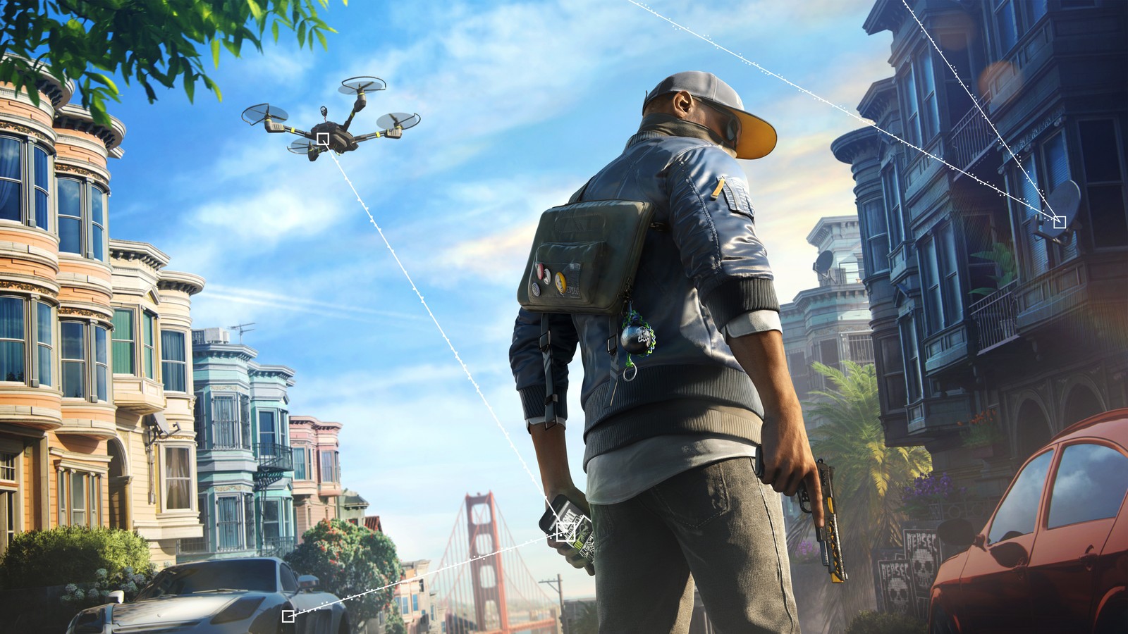 Um homem parado em frente a uma cidade com um helicóptero voando sobre ele (watch dogs 2, ubisoft, xbox one, cidade, pc game)