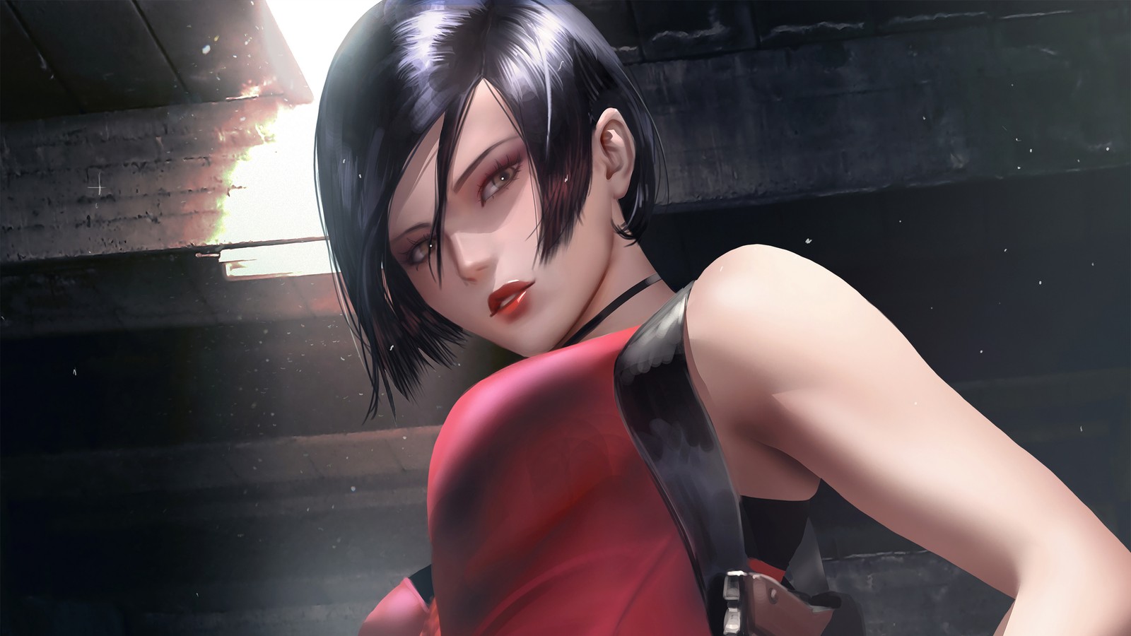 Женщина в красном платье держит нож и нож (ада вонг, ada wong, resident evil 2, ремейк, видеоигра)