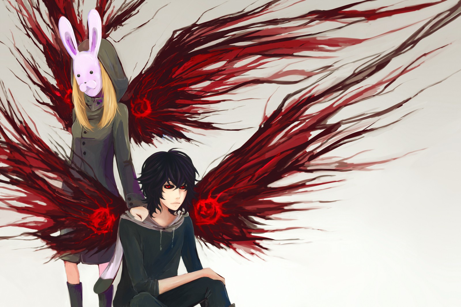 Anime, anime, demon, girl, rabbit, wings, red, black, anime girl, (ken kaneki, tokyo ghoul, anime, illustration, long hair)