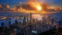 Coucher de soleil époustouflant sur le port de Victoria : Un paysage urbain de gratte-ciels et de skyline