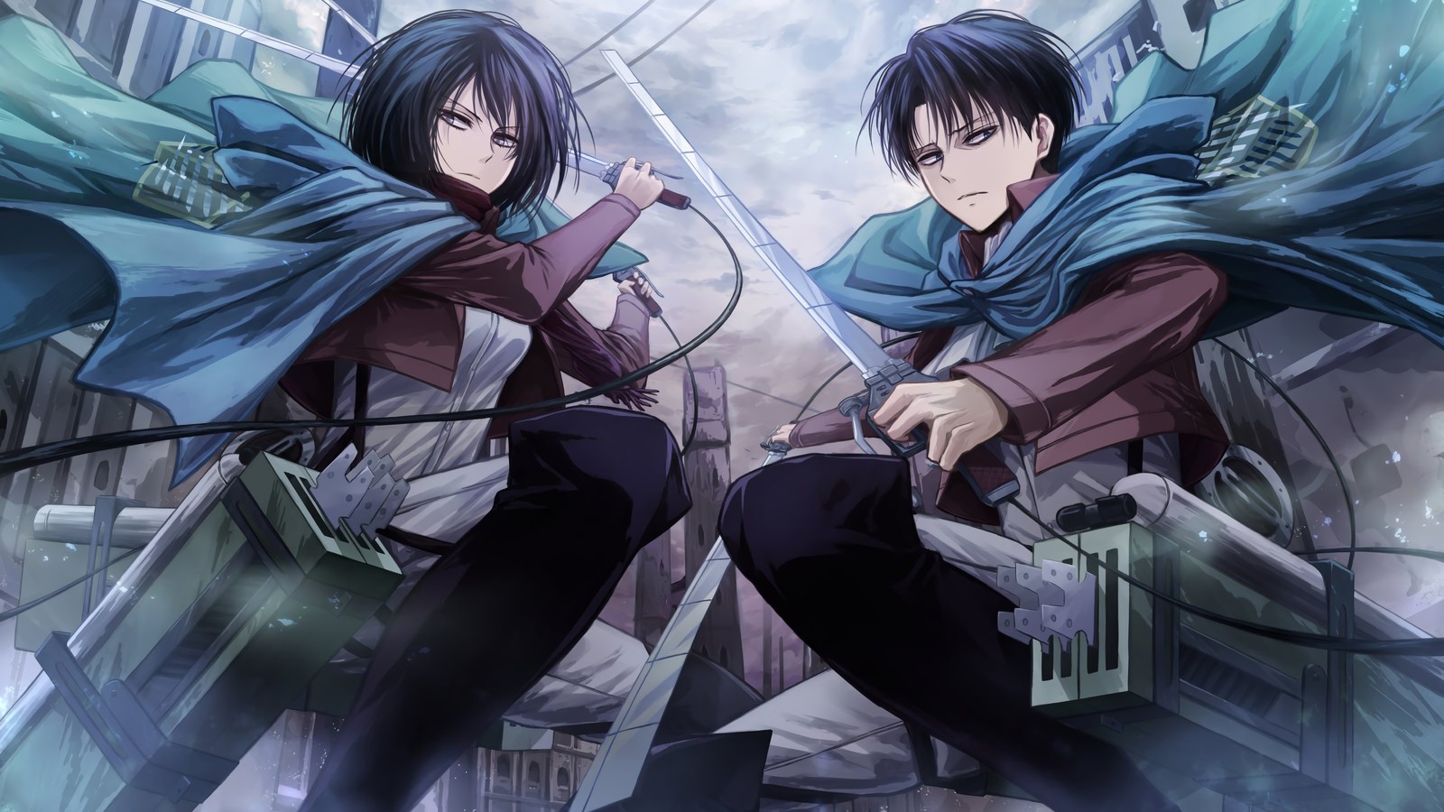 Two anime characters with blue hair and capes on their heads (mikasa ackerman, levi ackerman, attack on titan, shingeki no kyojin, anime)