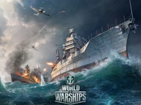 Escena épica de batalla naval con acorazados y aviones en acción, mostrando la dinámica de la guerra de "World of Warships".