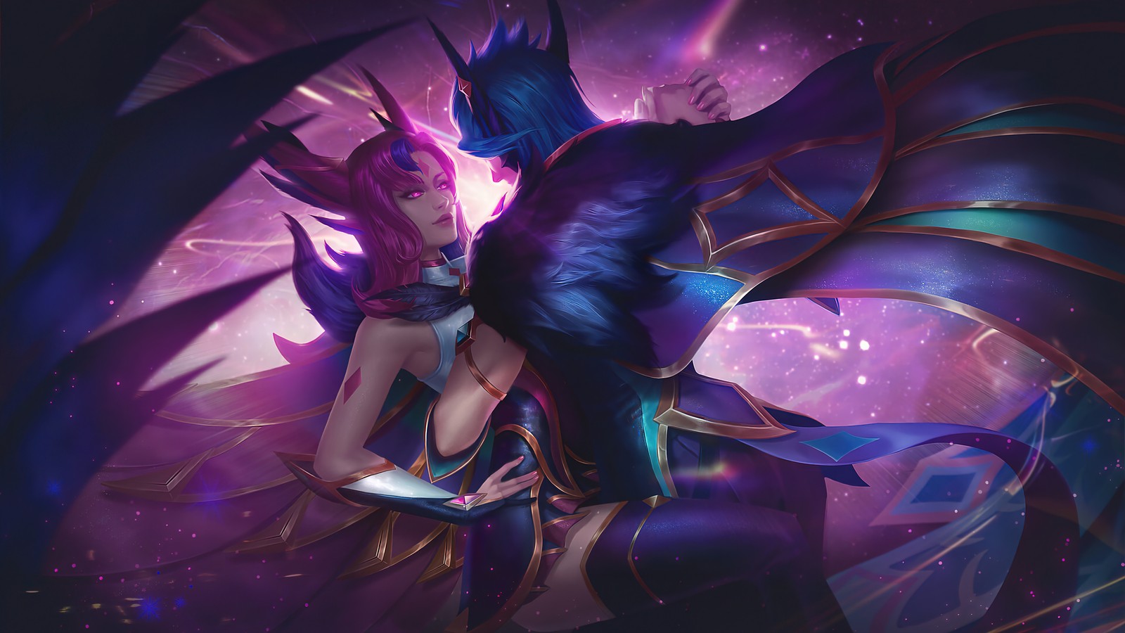 Une femme aux cheveux violets et à la robe bleue tenant une épée (gardien des étoiles, xayah, rakan, league of legends, lol)