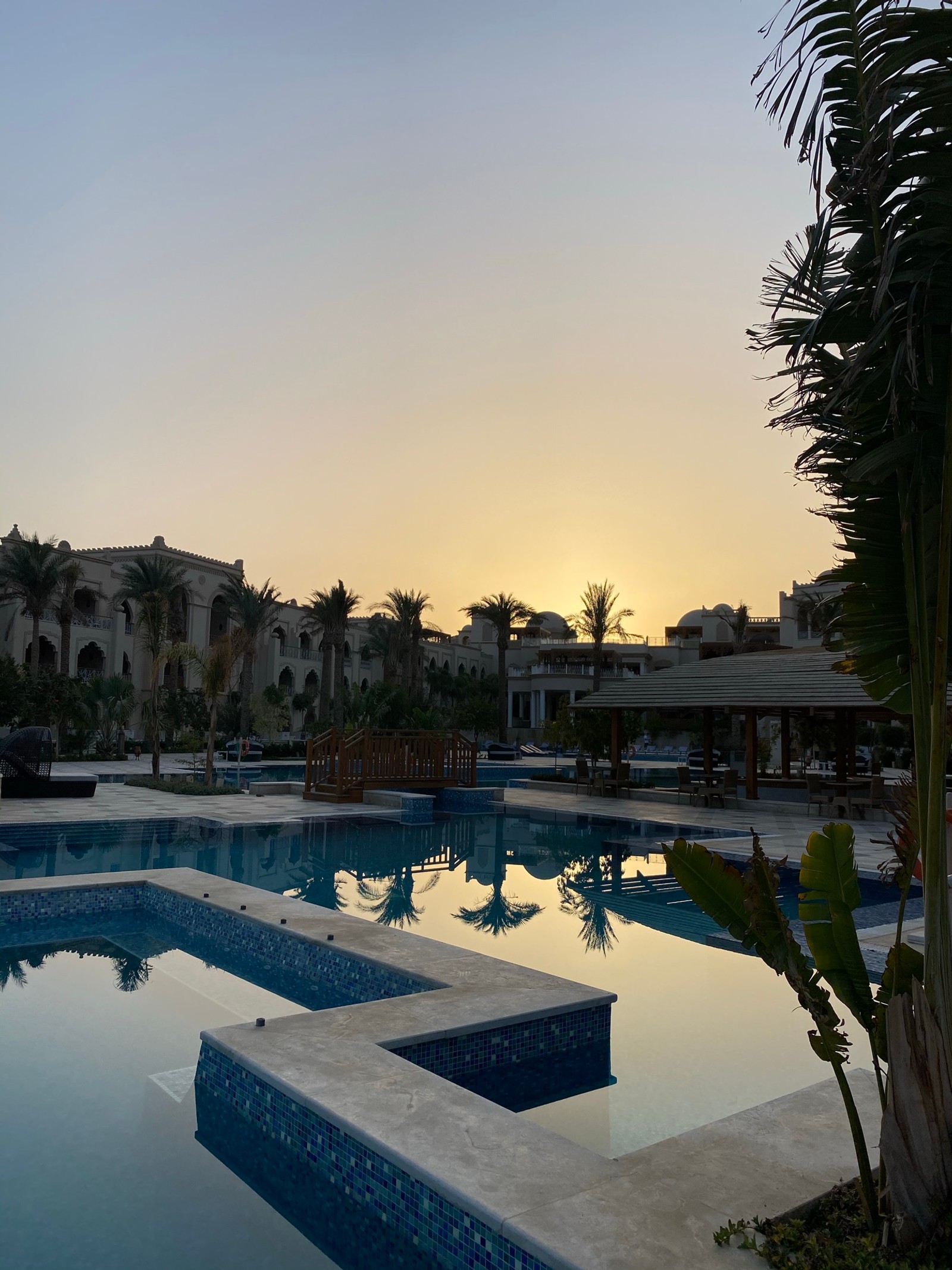 Il y a une piscine avec quelques chaises et un palmier (réflexion, piscine, palmiers, eau, ressources en eau)