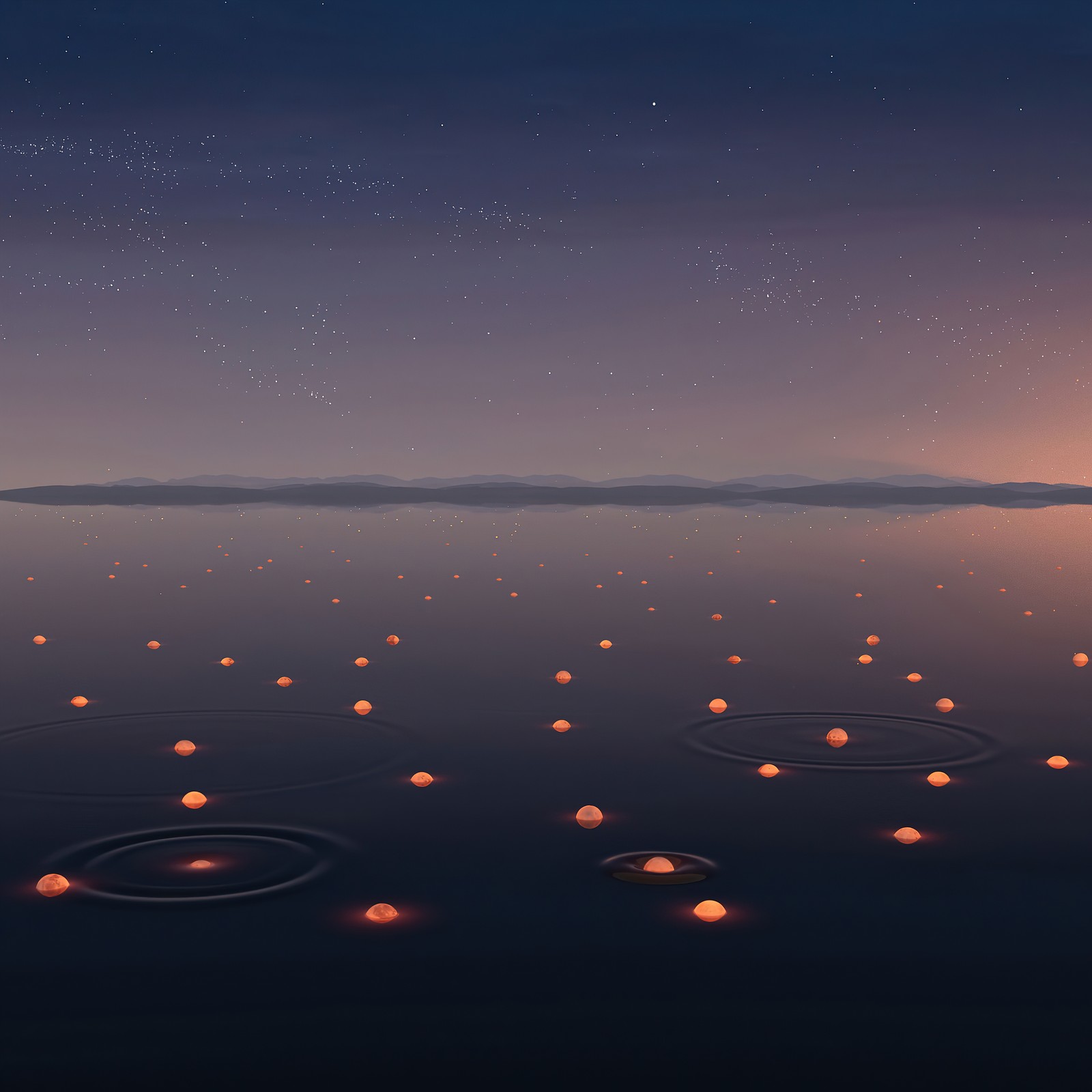 Il y a beaucoup de cercles de bougies flottantes dans l'eau (lac, lumières, nuit, ciel étoilé, windows 11)